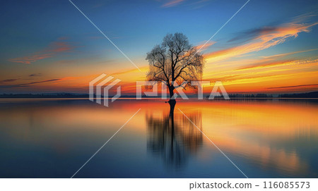 Picturesque view of leafless lonely tree growing and reflecting in calm lake at sundown time. 116085573