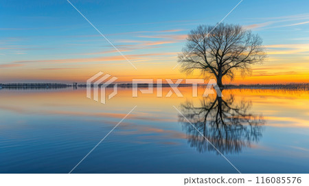Picturesque view of leafless lonely tree growing and reflecting in tranquil lake at sunset time. Picturesque view of leafless lonely tree growing and reflecting in tranquil lake at sunset time. 116085576