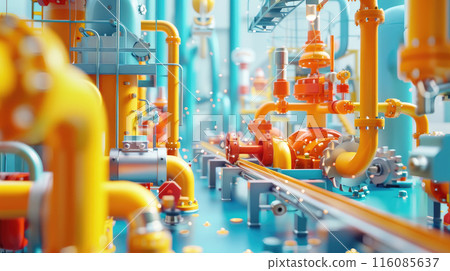 Gas pipes in boiler room.  Heating of buildings with natural gas. 116085637