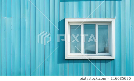 White window and blue wooden wall. Copy space. 116085650