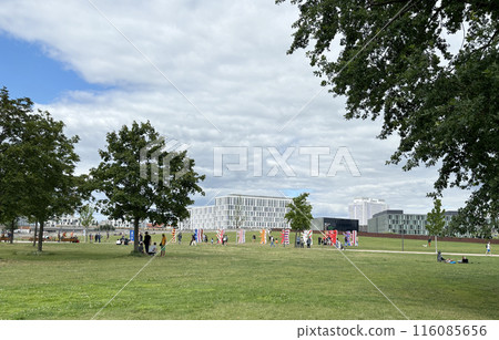德國首都柏林的施普雷伯根公園。各種顏色的柏林熊站在長廊周圍。 德國首都柏林的施普雷伯根公園。各種顏色的柏林熊站在長廊周圍。 116085656