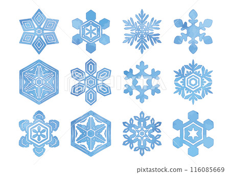 Watercolor style simple and beautiful snowflake winter snow hexagon frozen decoration illustration set Watercolor style simple and beautiful snowflake winter snow hexagon frozen decoration illustration set 116085669