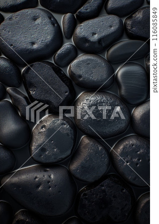 Rounded smooth black stone pattern. Lava stone background 116085849