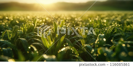 Sprouts in the spring field. Agriculture banner. Sprouting seeds from a low angle view. Germination concept 116085861