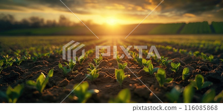 Sprouts in the spring field. Agriculture banner. Sprouting seeds from a low angle view. Germination concept Sprouts in the spring field. Agriculture banner. Sprouting seeds from a low angle view. Germination concept 116085868