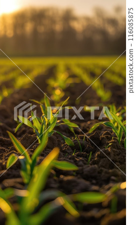 Sprouts in the spring field. Agriculture banner. Sprouting seeds from a low angle view. Germination concept 116085875