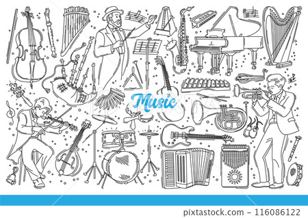 Musical instruments for performing orchestral music with classical compositions. Hand drawn doodle Musical instruments for performing orchestral music with classical compositions. Hand drawn doodle 116086122