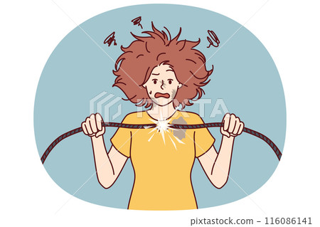Woman with damaged electrical wire suffers from electric shock and power failure 116086141