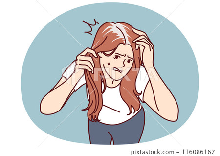 Worried woman with gray hair is nervous due to premature baldness associated with lack of nutrients Worried woman with gray hair is nervous due to premature baldness associated with lack of nutrients 116086167