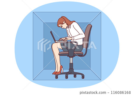 Woman with laptop sits in cardboard box typing article working in cramped office of small company 116086168