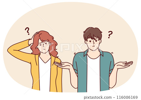 Doubting man and woman shrug hands and touch heads, sign of absence of solution to problem Doubting man and woman shrug hands and touch heads, sign of absence of solution to problem 116086169
