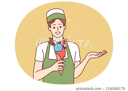Woman ice cream seller holds cold dessert in waffle cup offering fruit delicacy to refresh Woman ice cream seller holds cold dessert in waffle cup offering fruit delicacy to refresh 116086170