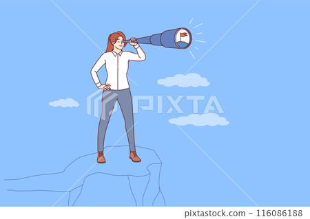 Visionary business woman with strategic thinking stands on top of cliff using spyglass Visionary business woman with strategic thinking stands on top of cliff using spyglass 116086188