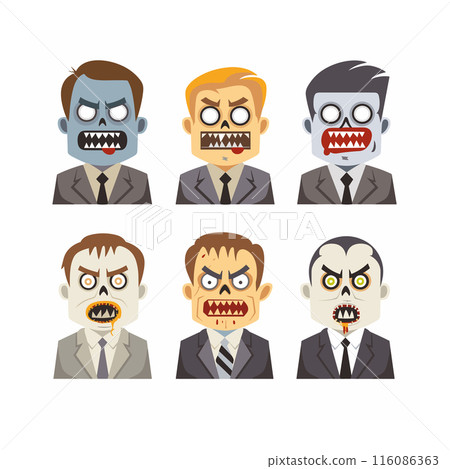 Six cartoon zombie businessmen expressing anger, hostility, and aggression. Male undead characters in suits, professional zombie attire, monstrous features. Horror themed comical illustration of 116086363