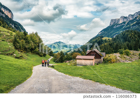 Rustic village in Alpstein mountain between alpine track of Seealpsee at Appenzell, Switzerland Rustic village in Alpstein mountain between alpine track of Seealpsee at Appenzell, Switzerland 116086373