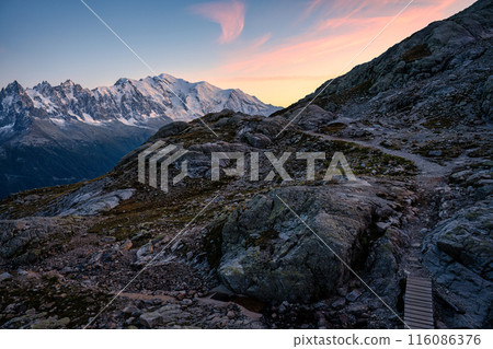 Landscape from Lac Blanc with Mont Blanc massif on summit in French Alps at the evening 116086376