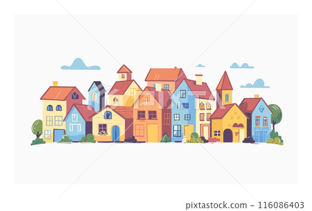 Colorful row cartoon houses, suburban neighborhood, trees, friendly community. Bright residential homes, charming village street, peaceful town life. Quaint colorful architecture, urban landscape 116086403