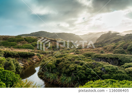Sunrise shining over tropical rainforest with river in wilderness 116086405