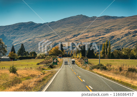Car driving on asphalt road in autumn field and mountain during autumn at New Zealand Car driving on asphalt road in autumn field and mountain during autumn at New Zealand 116086457