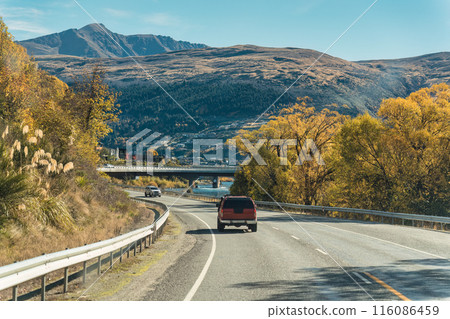 Car driving on asphalt road with yellow forest trees in autumn at New Zealand 116086459