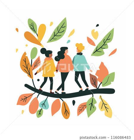 Three friends walking together among falling leaves, casual autumn wear, carefree, enjoying seasonal atmosphere. Young adults engaging outdoor activity, surrounded vibrant foliage, friendship 116086483