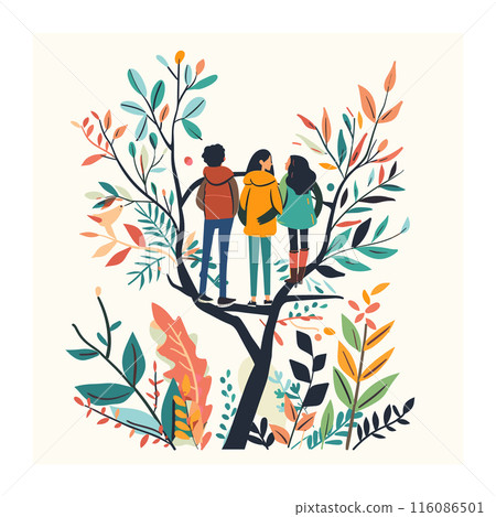 Three individuals standing branches stylized tree surrounded colorful leaves, depicting friendship teamwork. Persons unrecognizable, dressed casually, engrossed nature, observing elevated position Three individuals standing branches stylized tree surrounded colorful leaves, depicting friendship teamwork. Persons unrecognizable, dressed casually, engrossed nature, observing elevated position 116086501