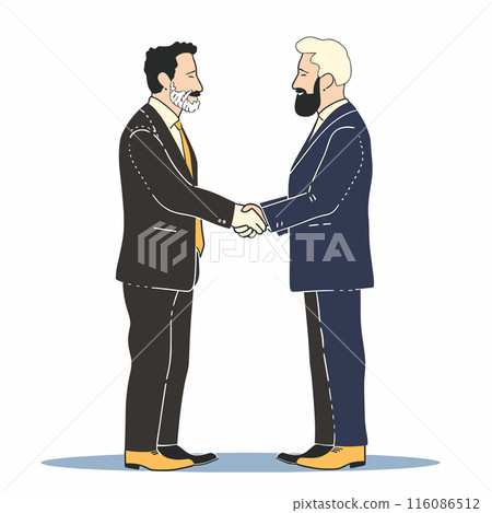 Two men business handshake agreement partnership. Male professionals blue navy suit yellow tie engaging firm handshake office. Adult businessmen formal wear shaking hands success negotiation Two men business handshake agreement partnership. Male professionals blue navy suit yellow tie engaging firm handshake office. Adult businessmen formal wear shaking hands success negotiation 116086512