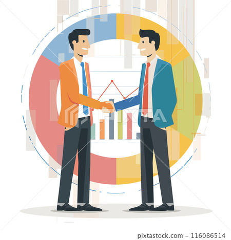Two businessmen shaking hands front colorful pie chart graph background. Professional agreement, successful business deal, partnership confirmed. Cartoon men, formal attire, corporate setting 116086514