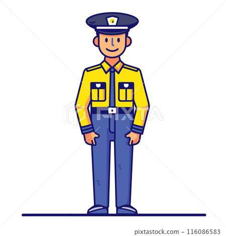 Male cartoon police officer standing confidently, smiling, wearing yellow uniform badge, navy blue pants patrol cap. Flat design law enforcement character isolated white background. Friendly cop Male cartoon police officer standing confidently, smiling, wearing yellow uniform badge, navy blue pants patrol cap. Flat design law enforcement character isolated white background. Friendly cop 116086583
