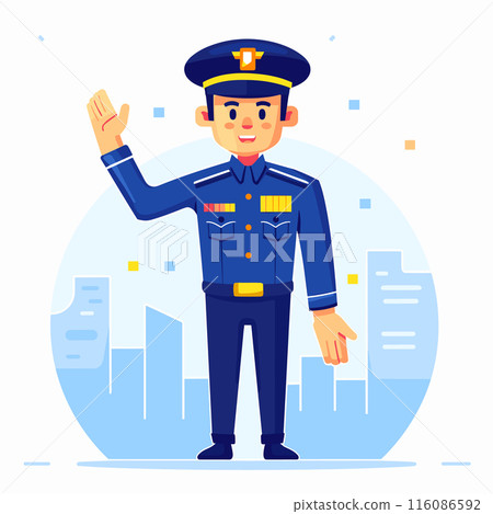 Young male police officer saluting, wearing blue uniform, cityscape background. Friendly policeman salute gesture, professional law enforcement character, safety, security city scene. Cartoon Young male police officer saluting, wearing blue uniform, cityscape background. Friendly policeman salute gesture, professional law enforcement character, safety, security city scene. Cartoon 116086592
