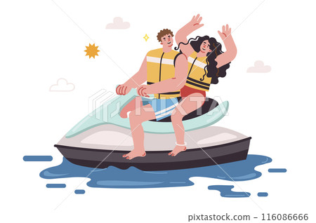 Man and woman ride jet ski, spending summer holidays together, having fun in free time at sea 116086666