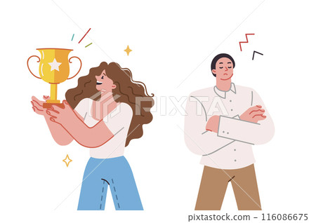 Superiority woman received gold cup for winning competition, over man standing with arm crossed 116086675