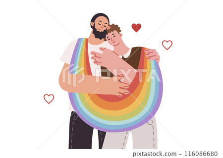 Two gay men in love with LGBT flag hugging while inviting them to parade in honor of pride month Two gay men in love with LGBT flag hugging while inviting them to parade in honor of pride month 116086680