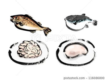 Hand-drawn Japanese-style brush illustration material of cod and puffer fish milt 116086800