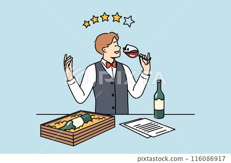 Man sommelier drinks wine from glass and gives rating out of 4 stars for alcohol drink. Man sommelier drinks wine from glass and gives rating out of 4 stars for alcohol drink. 116086917