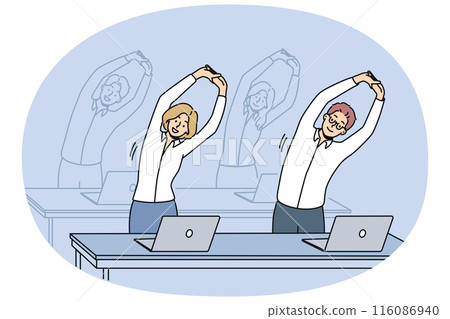 Office workers do exercises standing at workplaces and stretching arms up to increase productivity 116086940