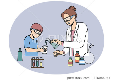 Woman teacher of chemistry teaches boy to conduct laboratory experiments and mix reagents Woman teacher of chemistry teaches boy to conduct laboratory experiments and mix reagents 116086944