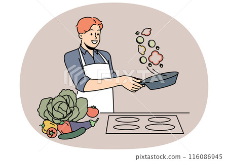 Man cook stands at stove and prepares romantic dinner of fried vegetables for beloved woman Man cook stands at stove and prepares romantic dinner of fried vegetables for beloved woman 116086945