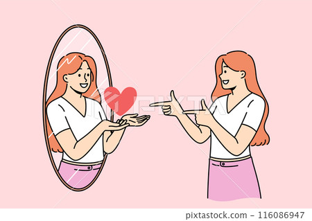 Woman with high self-esteem looks in mirror and sees reflection with heart as metaphor for self-love 116086947