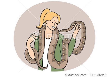 Woman with long snake around neck smiles enjoying communication with beloved pet boa constrictor 116086949