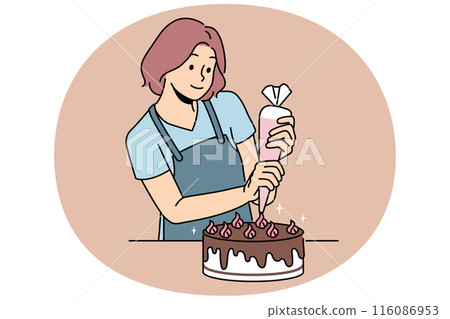 Woman confectioner prepares delicious cake for birthday party and decorates chocolate dessert Woman confectioner prepares delicious cake for birthday party and decorates chocolate dessert 116086953
