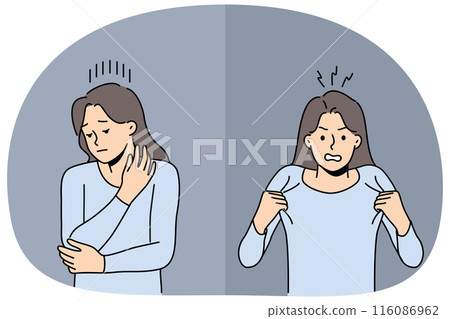 Woman shows anger and insecurity demonstrate emotions after receiving news of boyfriend infidelity 116086962