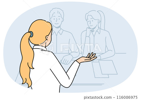 Woman in interview sitting at table with recruiters wanting to get new job with salary and insurance Woman in interview sitting at table with recruiters wanting to get new job with salary and insurance 116086975