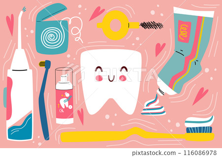 A set cartoon dental elements. Tooth medical tools. A set cartoon dental elements. Tooth medical tools. 116086978