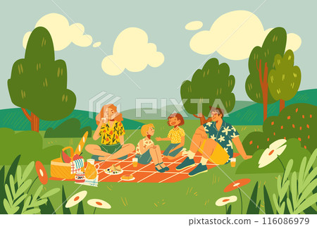 Illustration of a family picnic. Dad, mom and daughter are relaxing in nature. Parents and children on vacation. 116086979