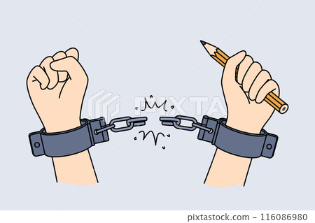 Hands of handcuffed reporter at moment liberation, holding pencil to write investigative journalism Hands of handcuffed reporter at moment liberation, holding pencil to write investigative journalism 116086980