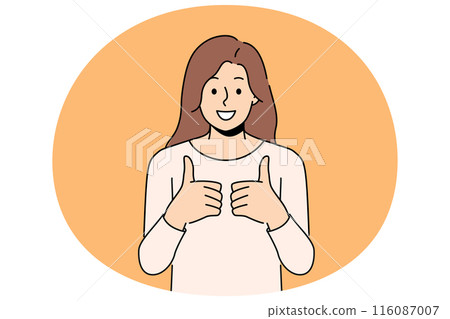 Woman with smile gives two thumbs up in agreement with your proposed course of action 116087007