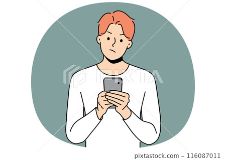 Pensive man with phone received warning text message with threat or bad news about storm warning 116087011