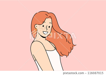 Attractive woman with freckles on face smiles and looks at screen demonstrating natural beauty Attractive woman with freckles on face smiles and looks at screen demonstrating natural beauty 116087015