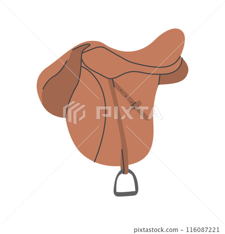 English Horse Saddle. Equestrian tack. Equine sports. Horse stables equipment. Vector illustration colored flat hand drawn isolated on white background. English Horse Saddle. Equestrian tack. Equine sports. Horse stables equipment. Vector illustration colored flat hand drawn isolated on white background. 116087221